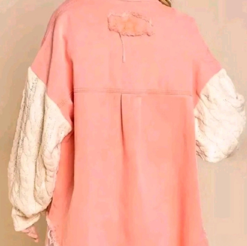 New $78 POL Dani Denim Dreams Sweater Sleeve Mixed Media Shirt Jacket Shacket M - Picture 2 of 4